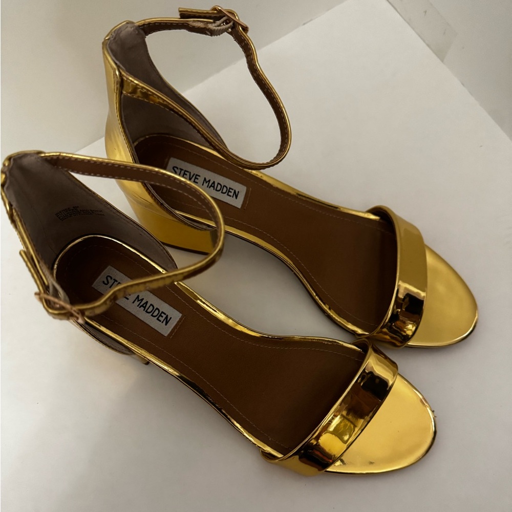Steve Madden Gold Metallic Open-Toe Ankle-Strap Heels